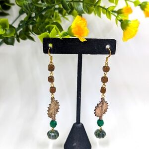 Genuine Jasper, Wood and Crystal Bead Vintage Dangle Earrings